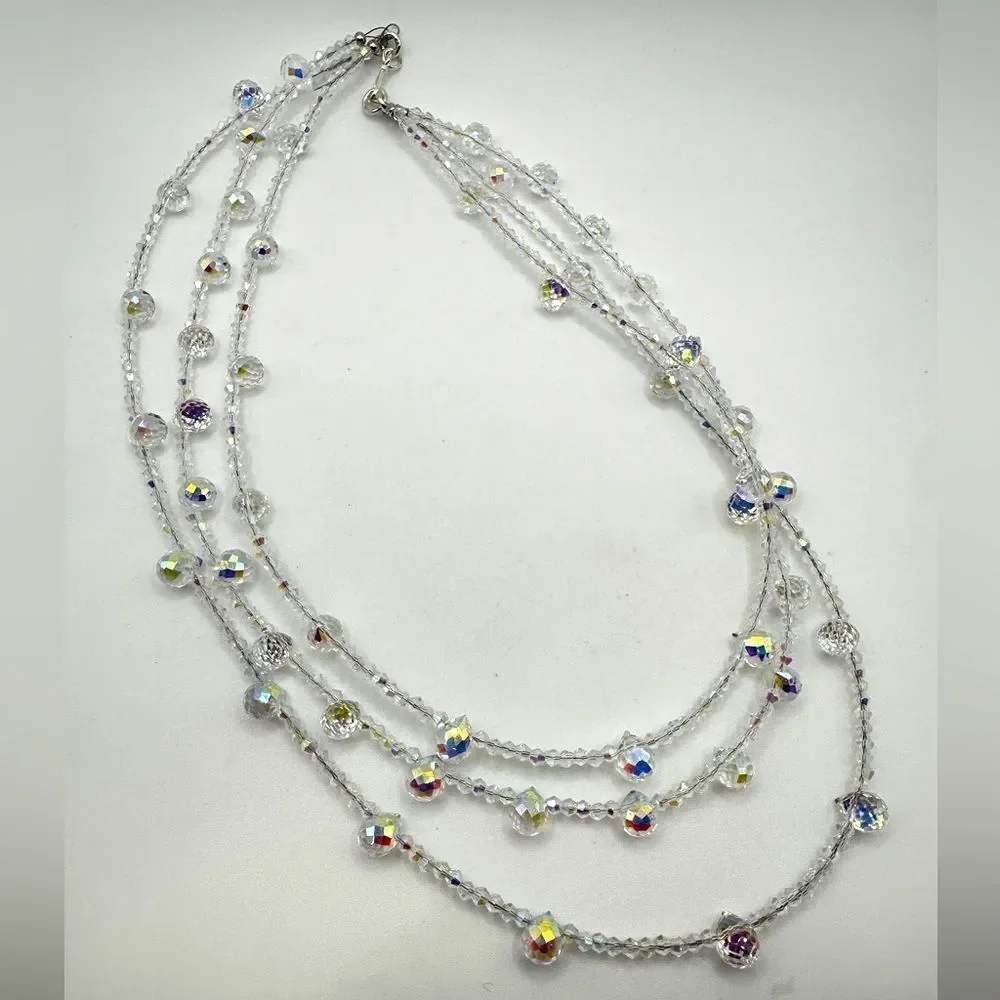 Three strands faceted glass, Aurora Borealis beaded necklace with s925 hardware!